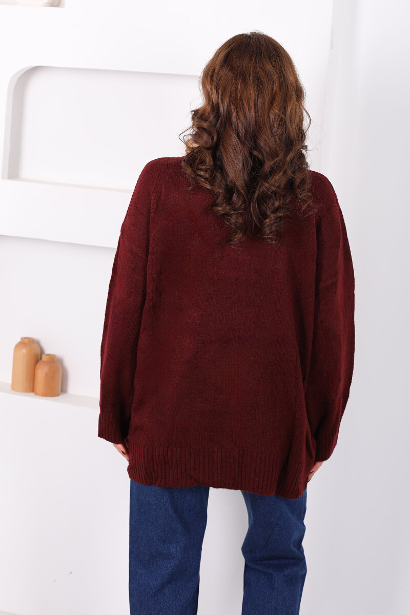 Bisiklet Yaka Oversize Yünlü Bordo Kadın Triko Kazak - 5