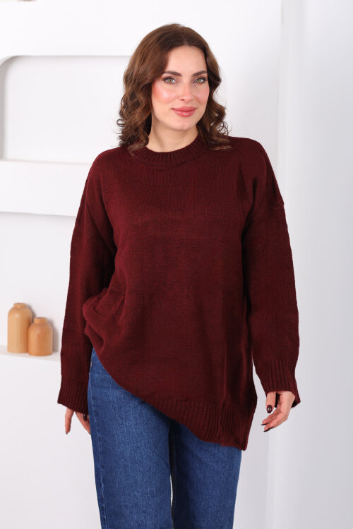 Bisiklet Yaka Oversize Yünlü Bordo Kadın Triko Kazak - 3