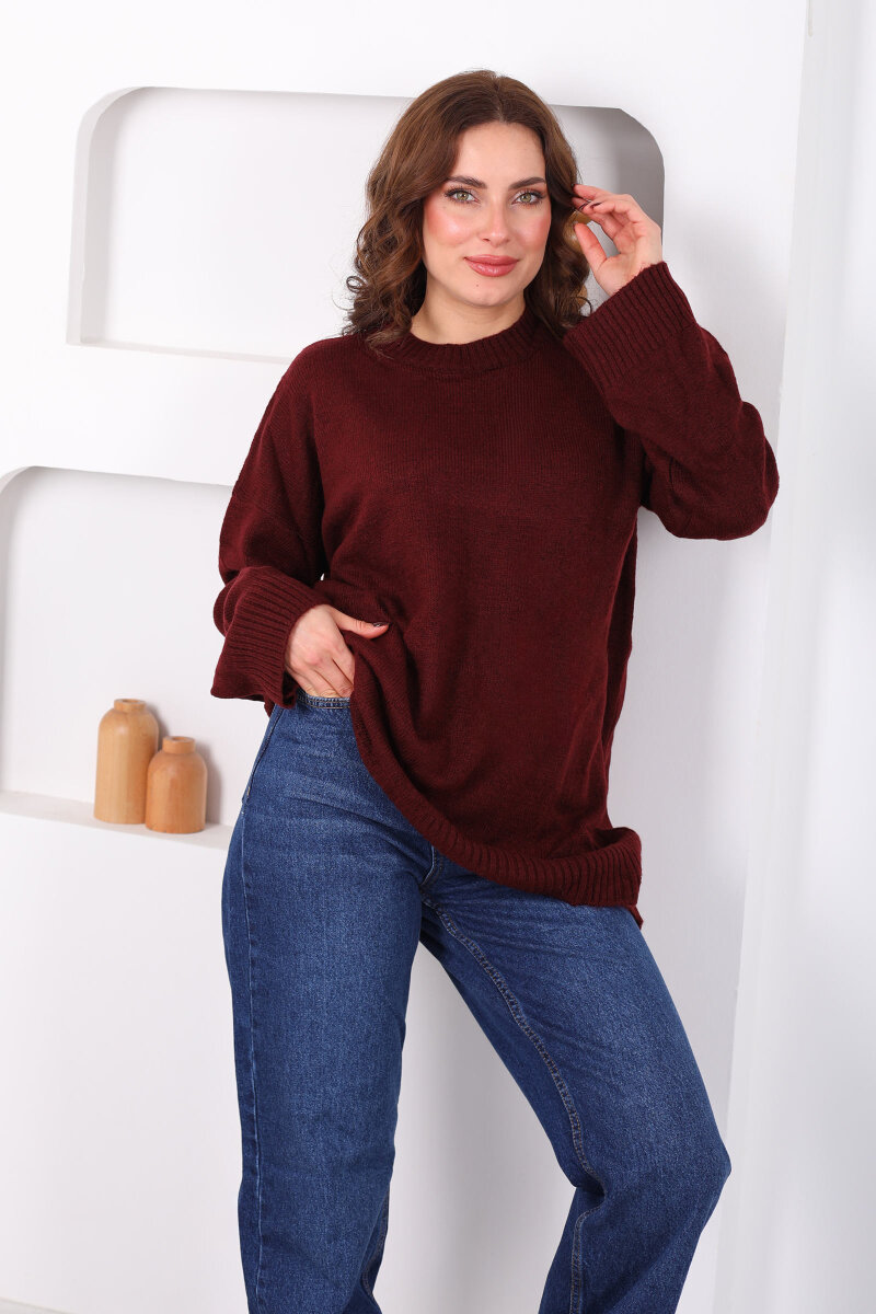 Bisiklet Yaka Oversize Yünlü Bordo Kadın Triko Kazak - 1