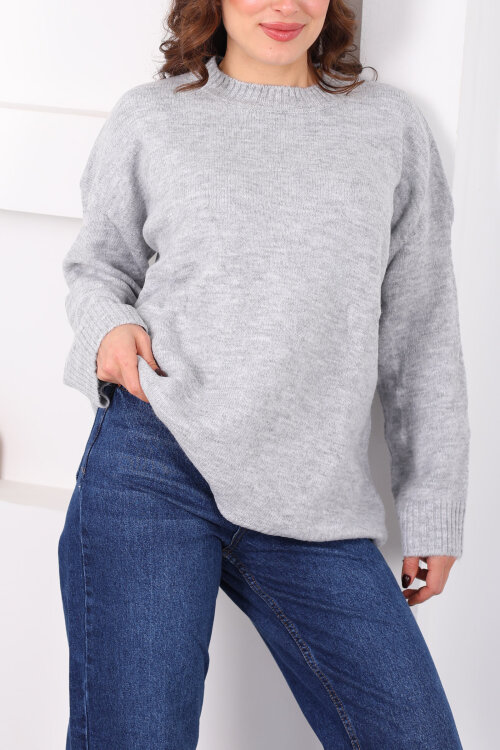 Bisiklet Yaka Oversize Yünlü Gri Kadın Triko Kazak - Berox (1)