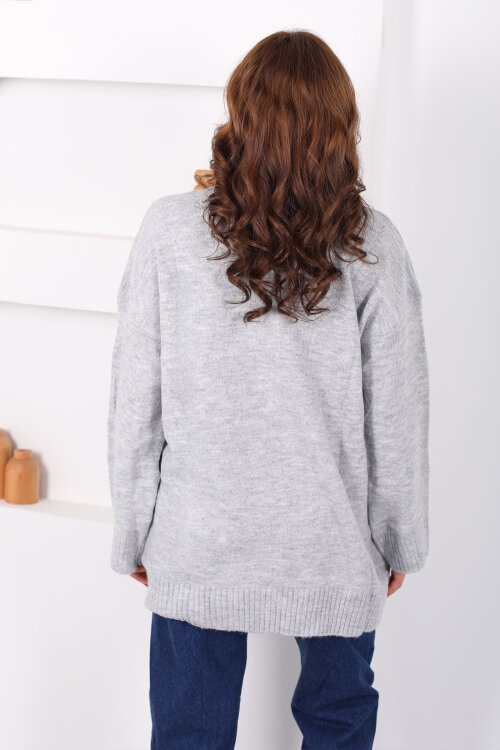 Bisiklet Yaka Oversize Yünlü Gri Kadın Triko Kazak - 4