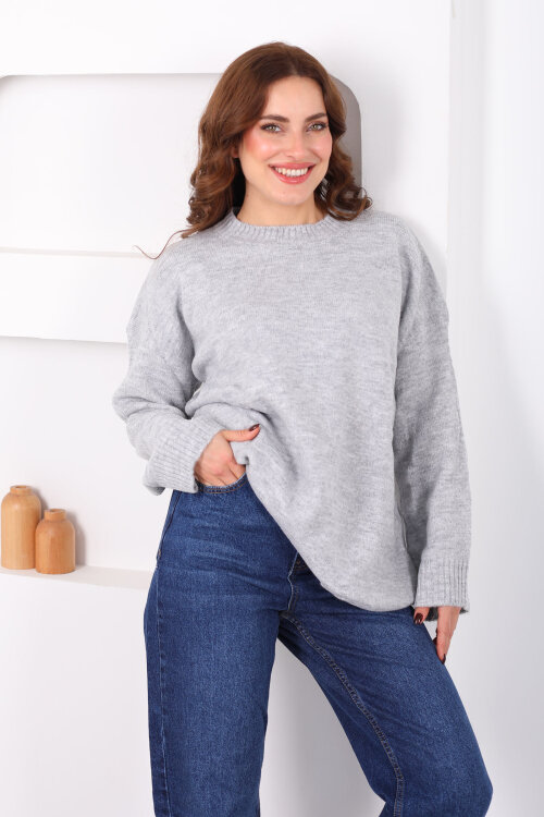 Bisiklet Yaka Oversize Yünlü Gri Kadın Triko Kazak - 3