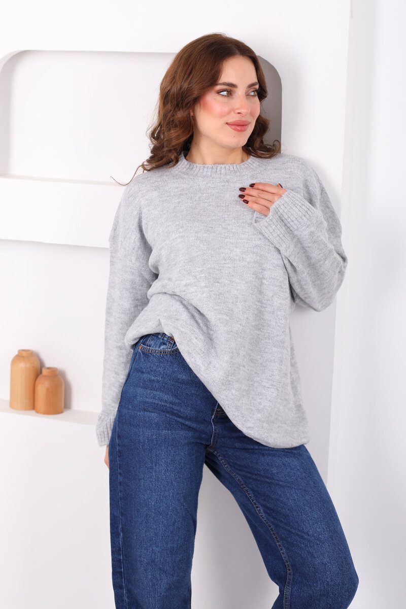 Bisiklet Yaka Oversize Yünlü Gri Kadın Triko Kazak - 1