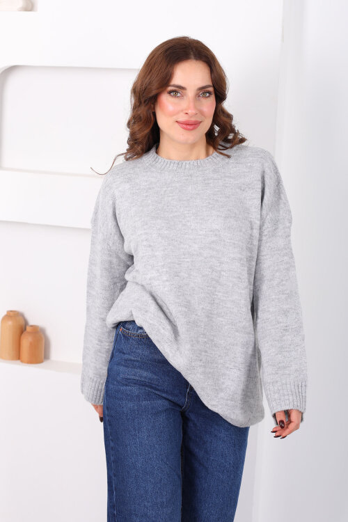 Bisiklet Yaka Oversize Yünlü Gri Kadın Triko Kazak - 5