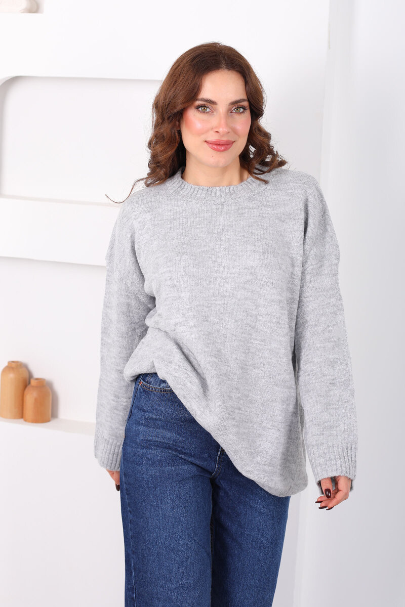 Bisiklet Yaka Oversize Yünlü Gri Kadın Triko Kazak - 5