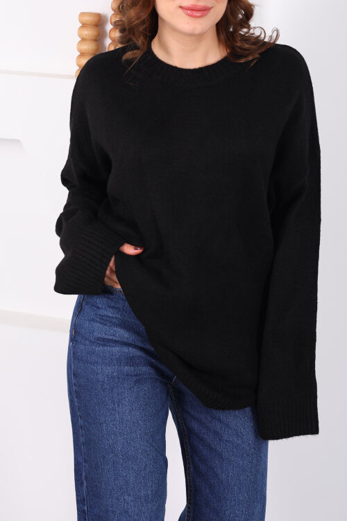 Bisiklet Yaka Oversize Yünlü Siyah Kadın Triko Kazak - Berox (1)