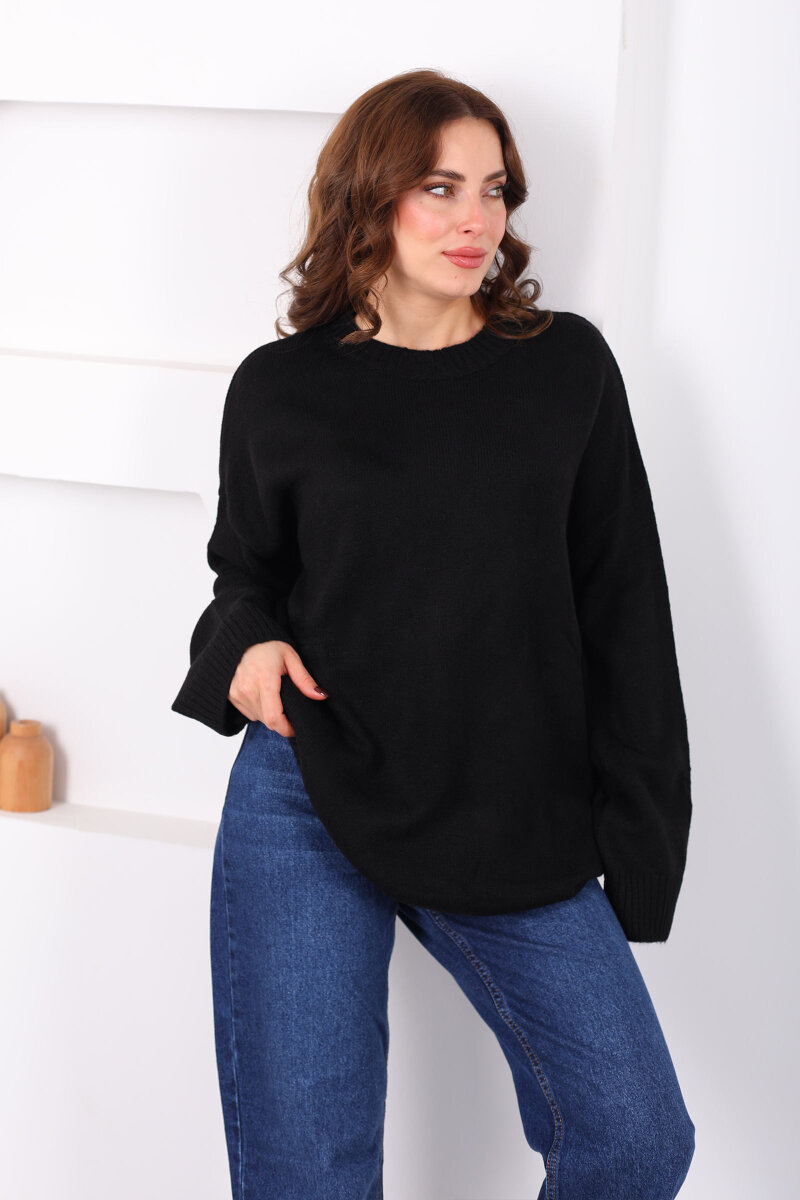 Bisiklet Yaka Oversize Yünlü Siyah Kadın Triko Kazak - 1