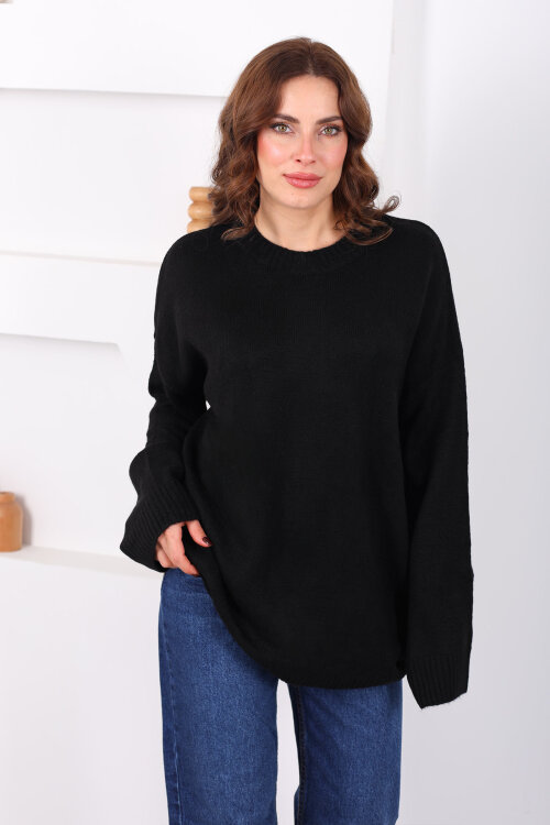 Bisiklet Yaka Oversize Yünlü Siyah Kadın Triko Kazak - 4