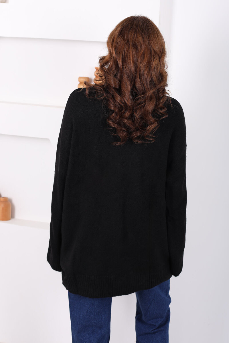 Bisiklet Yaka Oversize Yünlü Siyah Kadın Triko Kazak - 5