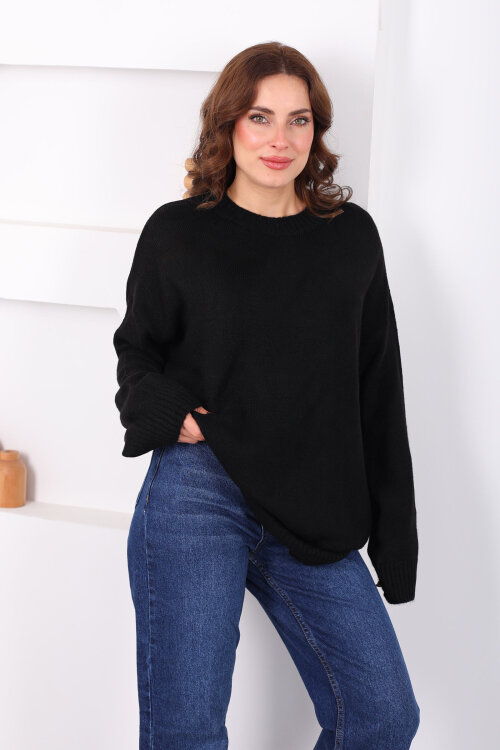 Bisiklet Yaka Oversize Yünlü Siyah Kadın Triko Kazak - 6