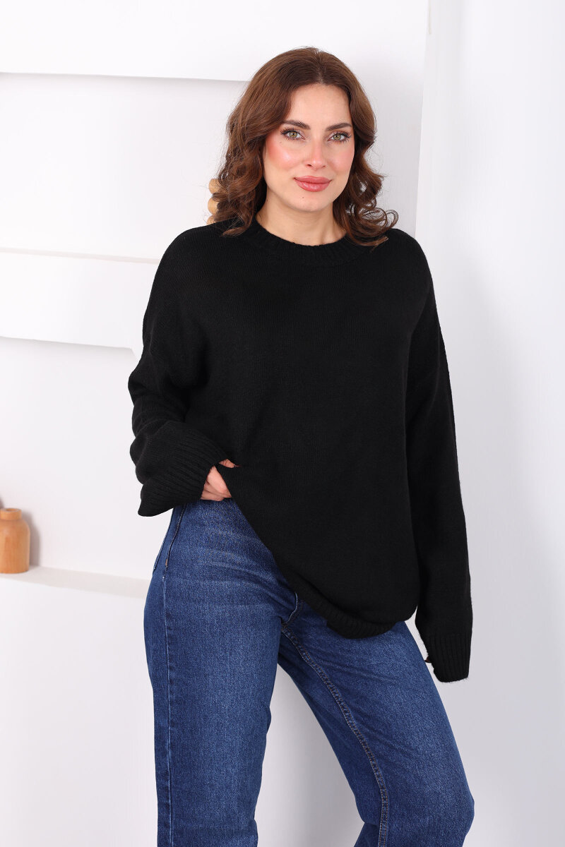 Bisiklet Yaka Oversize Yünlü Siyah Kadın Triko Kazak - 6