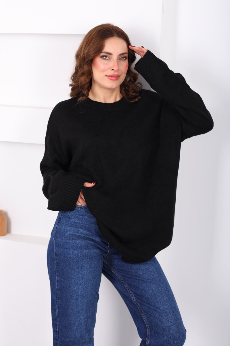 Bisiklet Yaka Oversize Yünlü Siyah Kadın Triko Kazak - 3