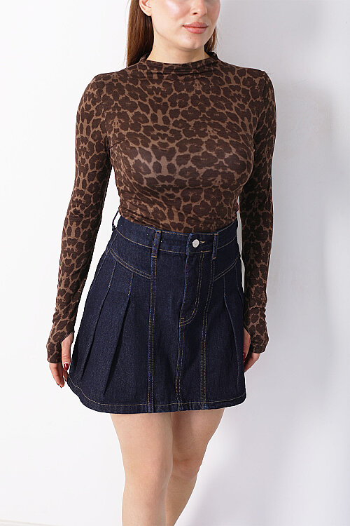 Bisiklet Yaka Parmak Geçirmeli Kadın Leopar Bluz - Berox (1)