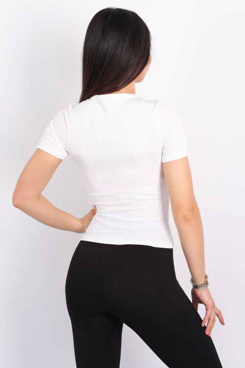 Bisiklet Yaka Patlı Kaşkorse Beyaz Kadın Body - 2