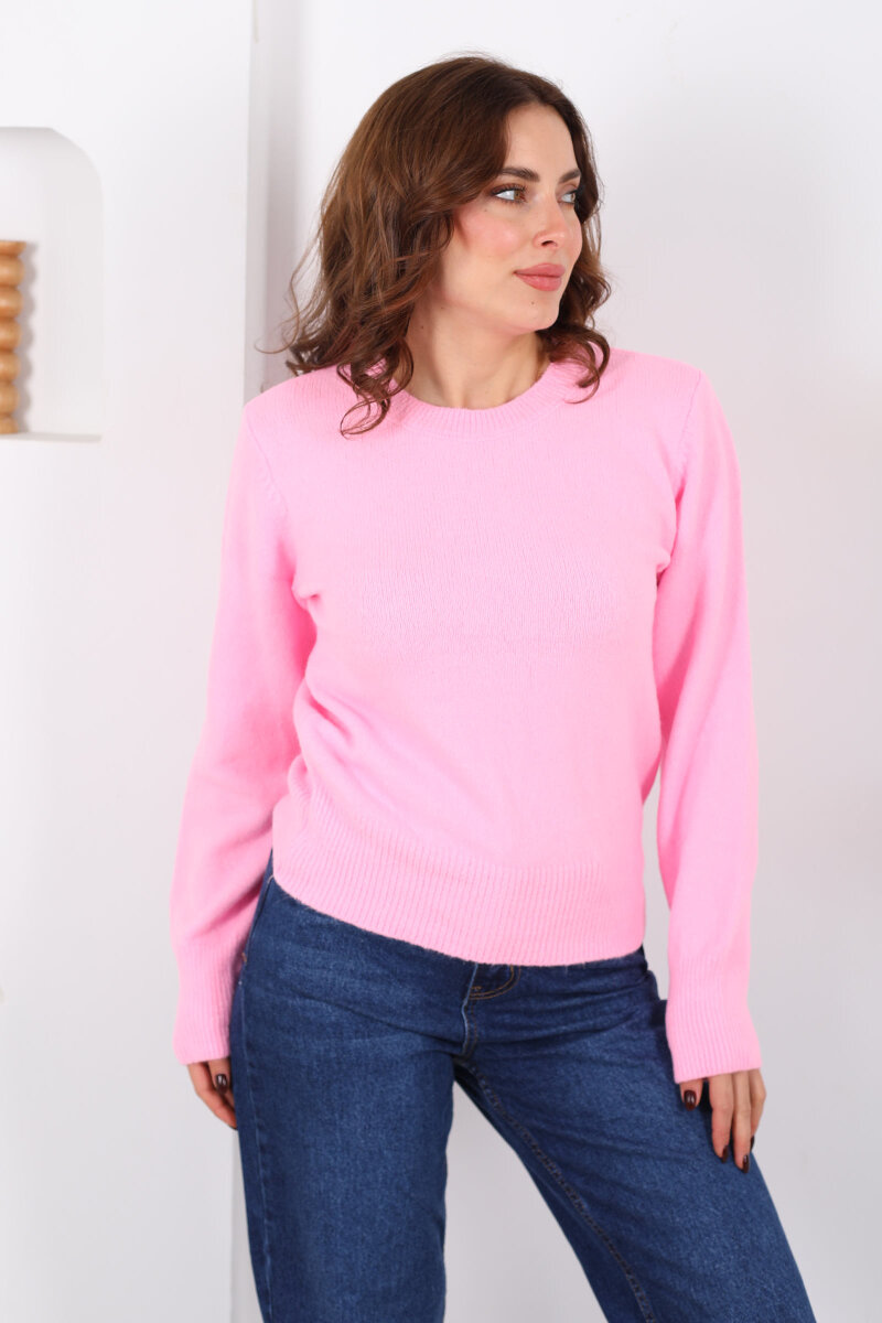 Bisiklet Yaka Pembe Kadın Triko Kazak - 1