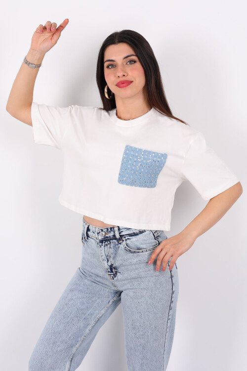 Bisiklet Yaka Pul Nakışlı Cep Detaylı Mavi Kadın T-Shirt - 3