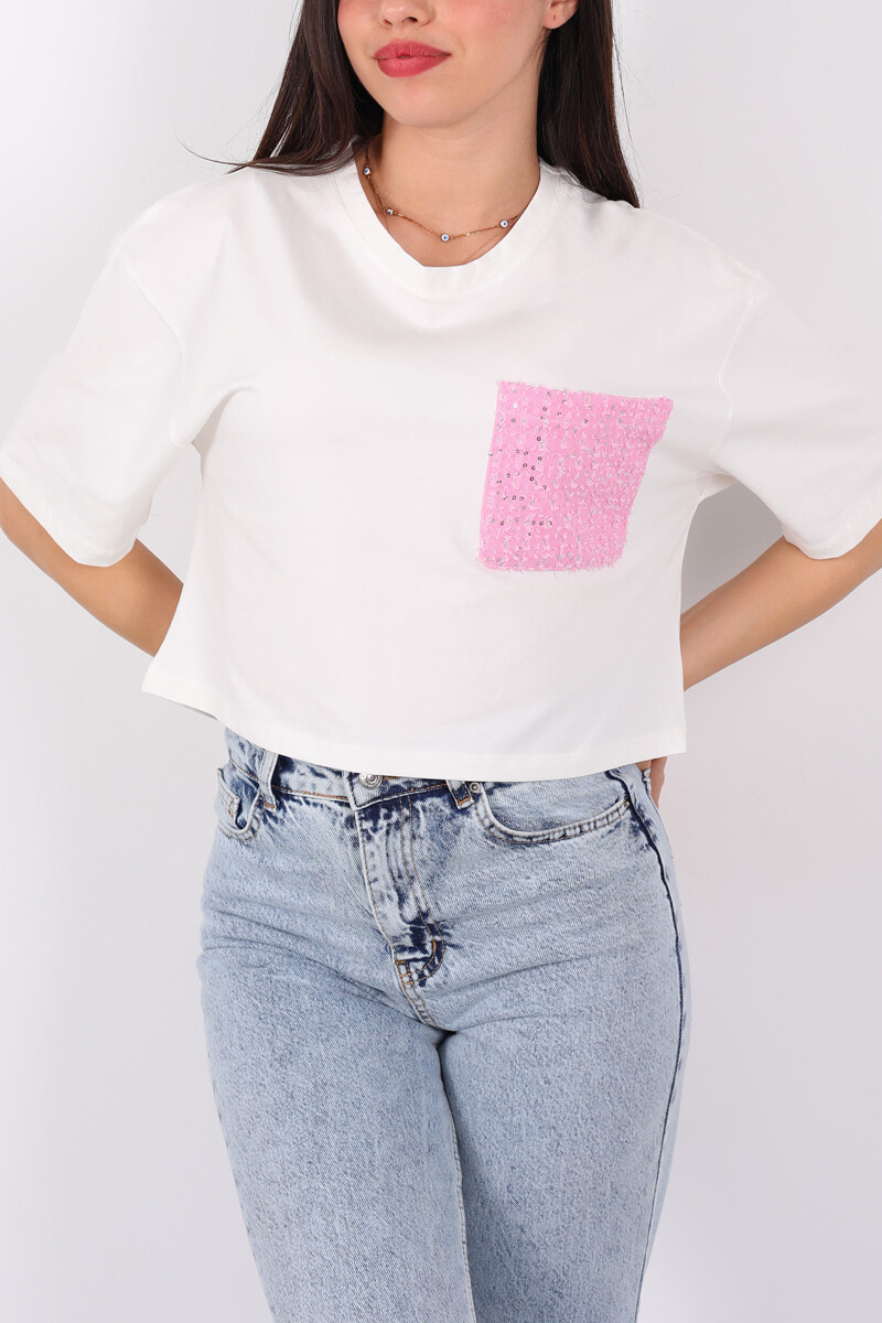 Bisiklet Yaka Pul Nakışlı Cep Detaylı Pembe Kadın T-Shirt - 2