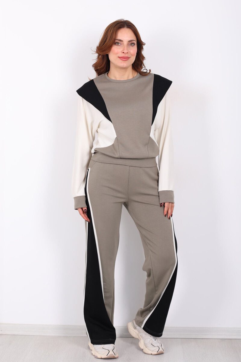 Bisiklet Yaka Renkli Haki Kadın Modal Takım - 6