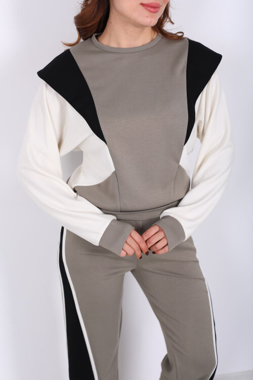 Bisiklet Yaka Renkli Haki Kadın Modal Takım - Berox (1)