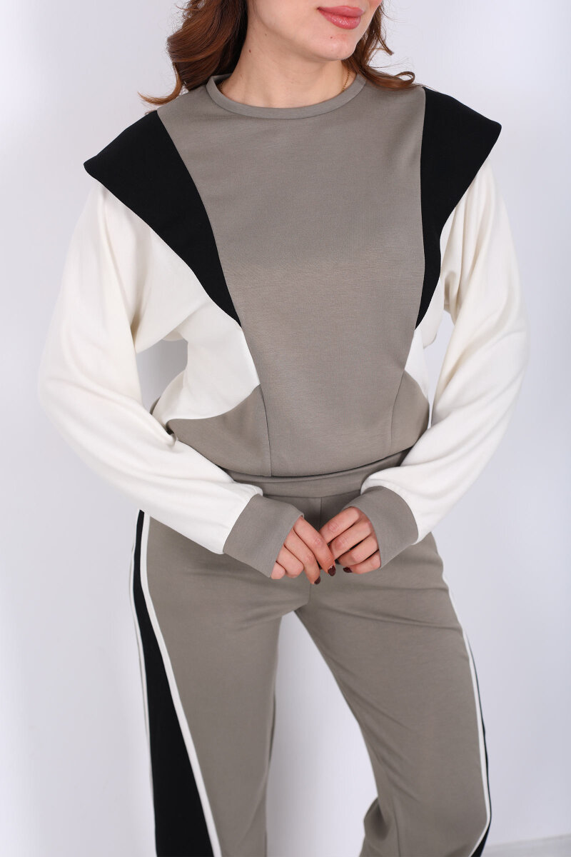 Bisiklet Yaka Renkli Haki Kadın Modal Takım - 2