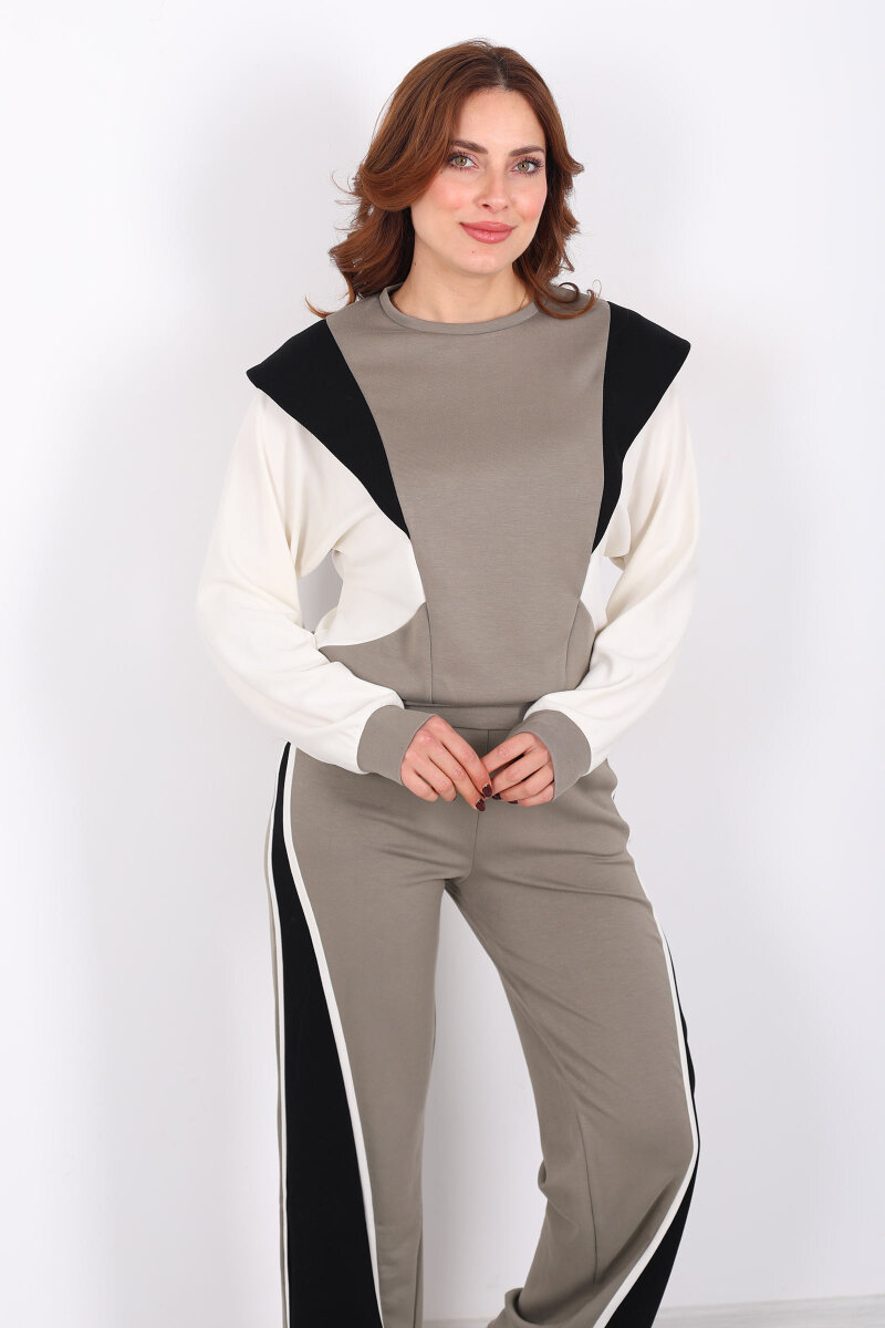 Bisiklet Yaka Renkli Haki Kadın Modal Takım - 4