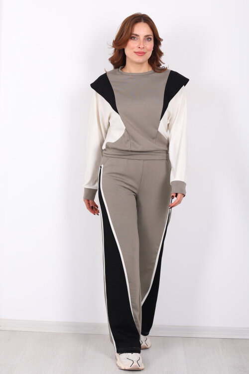 Bisiklet Yaka Renkli Haki Kadın Modal Takım - 3