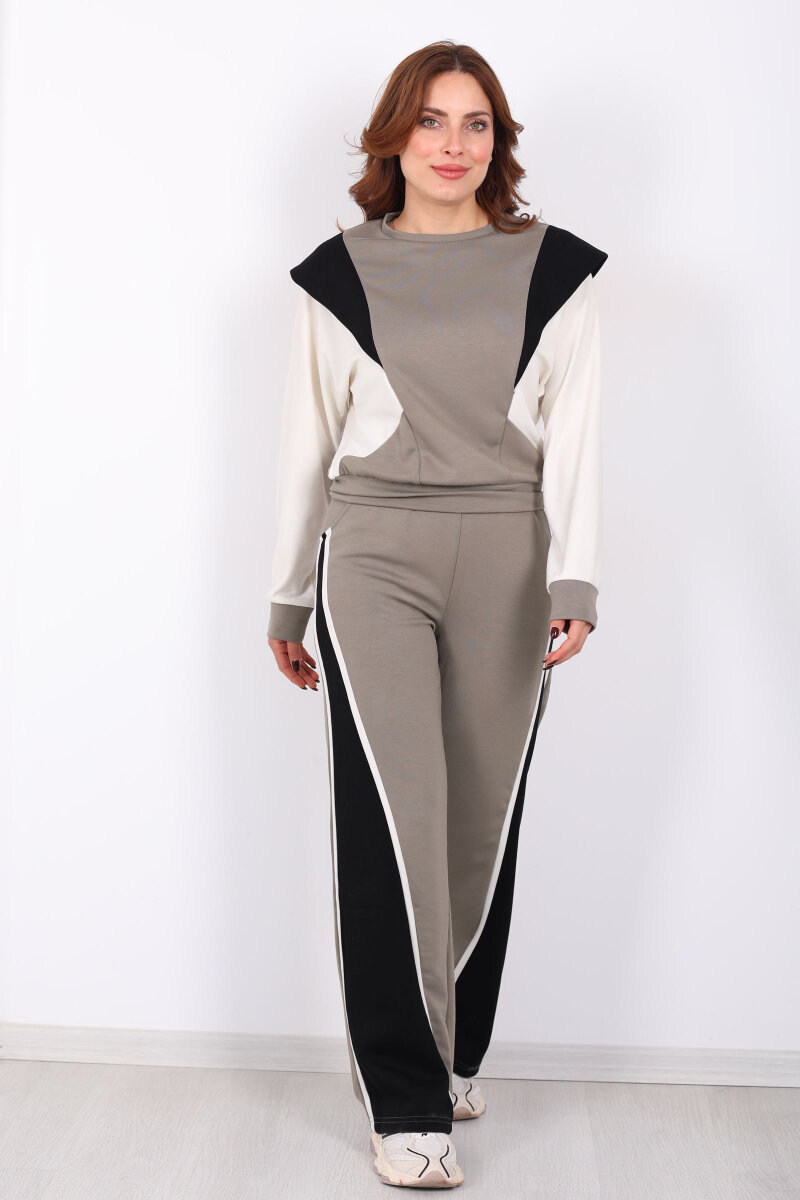 Bisiklet Yaka Renkli Haki Kadın Modal Takım - 3