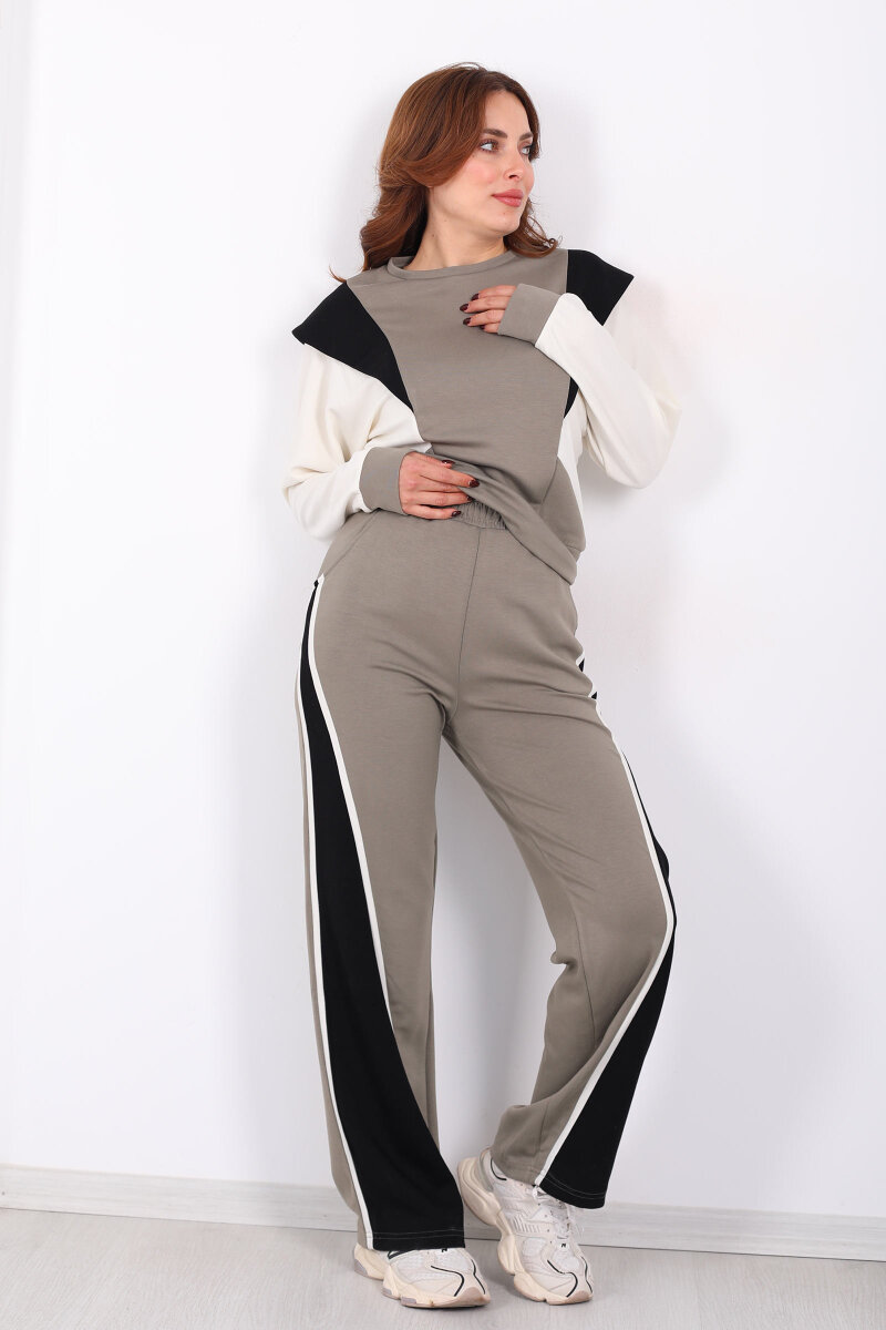 Bisiklet Yaka Renkli Haki Kadın Modal Takım - 1
