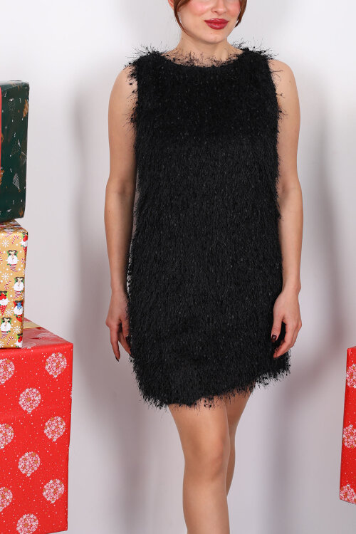 Bisiklet Yaka Saçaklı Siyah Kadın Mini Elbise - Berox (1)