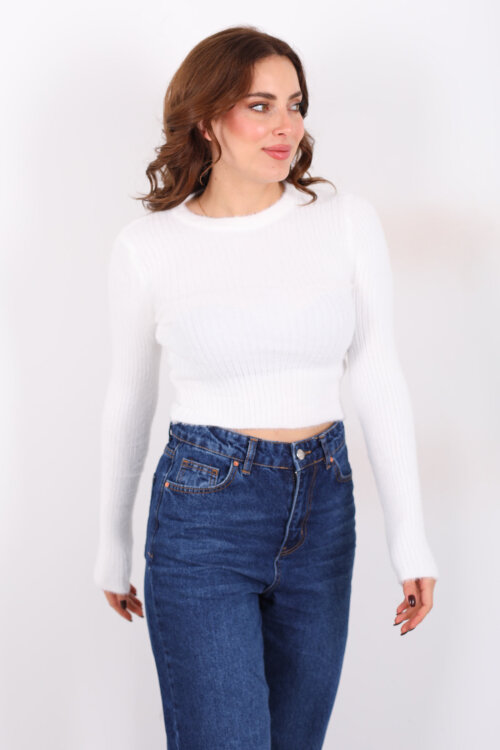 Bisiklet Yaka Sakallı Yumuşak Beyaz Kadın Triko Kazak - 5