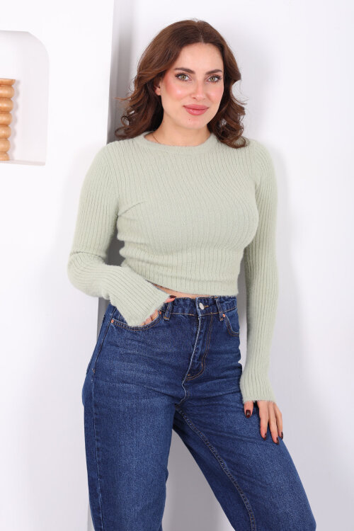 Bisiklet Yaka Sakallı Yumuşak Çağla Yeşili Kadın Triko Kazak - Berox