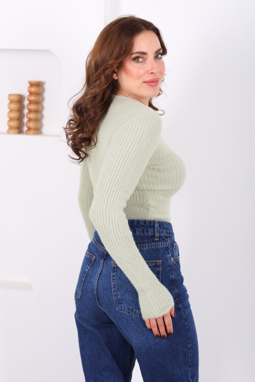 Bisiklet Yaka Sakallı Yumuşak Çağla Yeşili Kadın Triko Kazak - 4