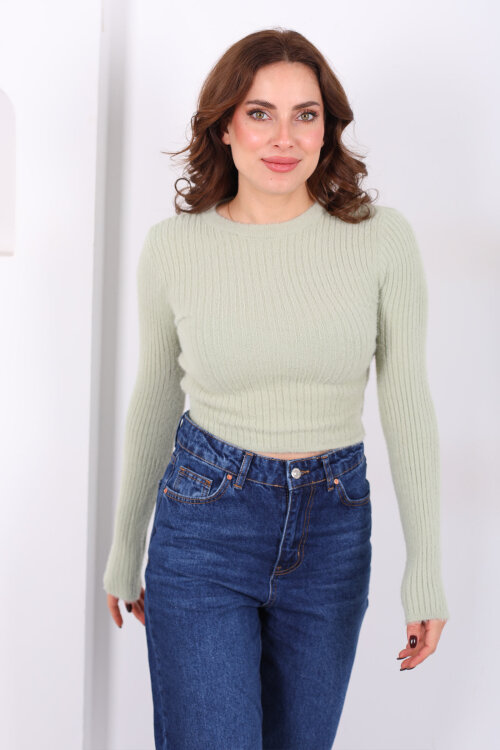 Bisiklet Yaka Sakallı Yumuşak Çağla Yeşili Kadın Triko Kazak - 5