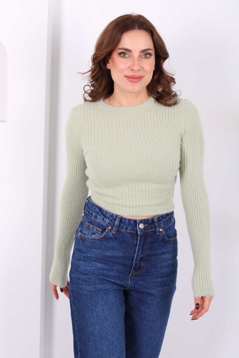 Bisiklet Yaka Sakallı Yumuşak Çağla Yeşili Kadın Triko Kazak - 5