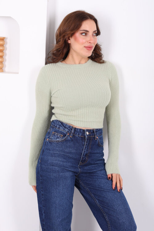 Bisiklet Yaka Sakallı Yumuşak Çağla Yeşili Kadın Triko Kazak - 3