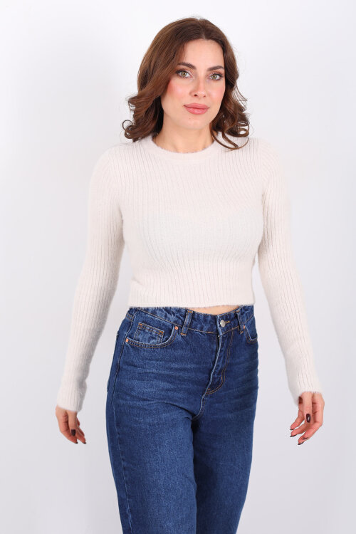 Bisiklet Yaka Sakallı Yumuşak Ekru Kadın Triko Kazak - 5