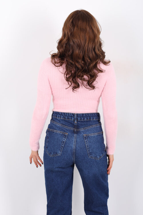 Bisiklet Yaka Sakallı Yumuşak Pembe Kadın Triko Kazak - 5