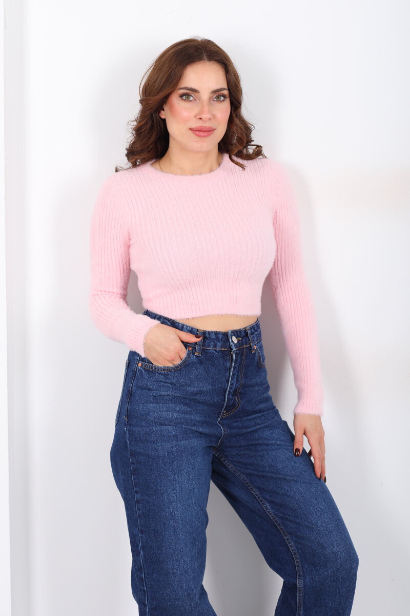Bisiklet Yaka Sakallı Yumuşak Pembe Kadın Triko Kazak - 1
