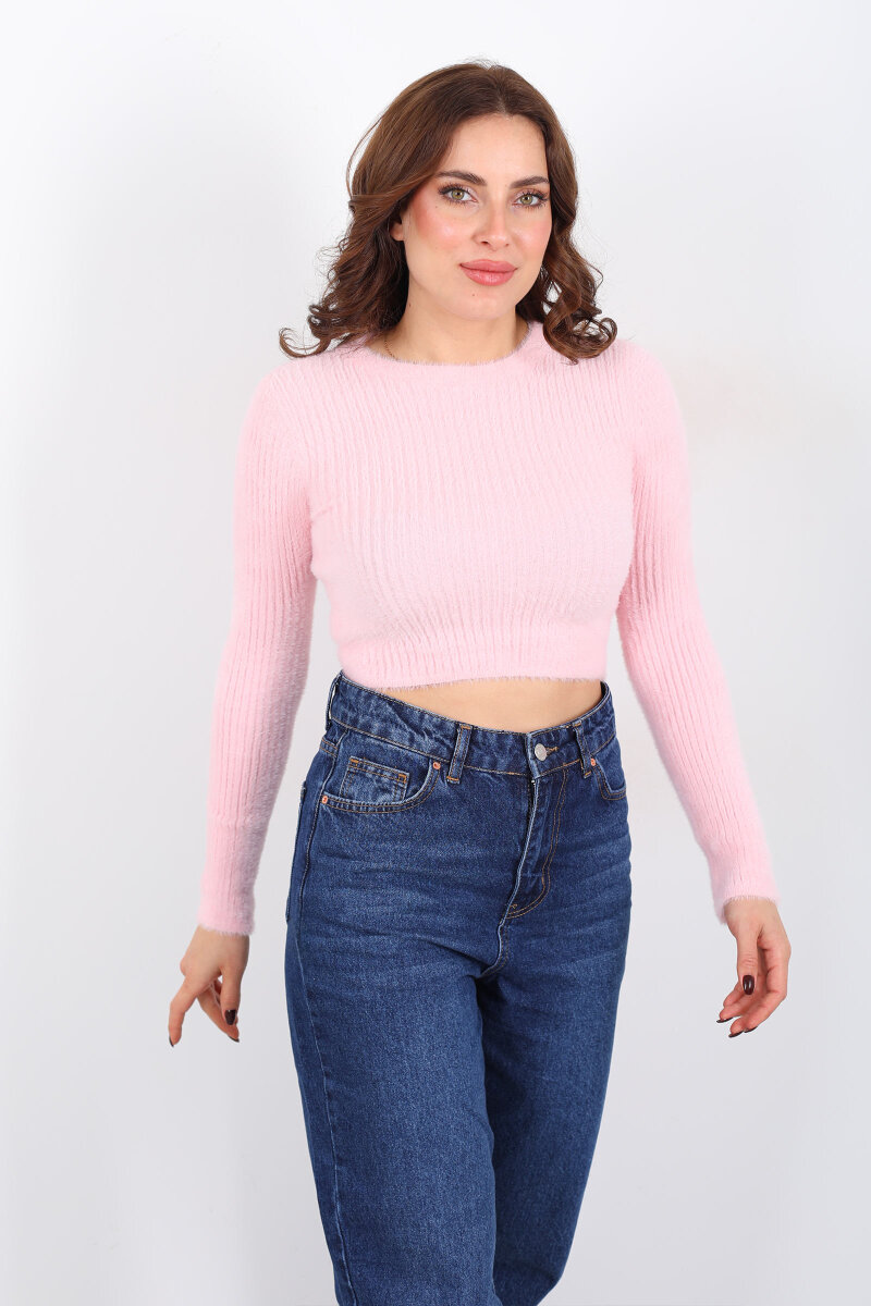 Bisiklet Yaka Sakallı Yumuşak Pembe Kadın Triko Kazak - 4