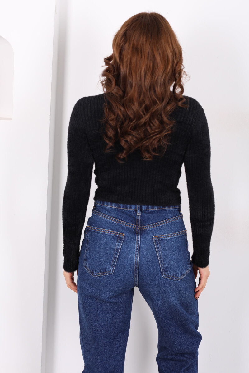 Bisiklet Yaka Sakallı Yumuşak Siyah Kadın Triko Kazak - 4