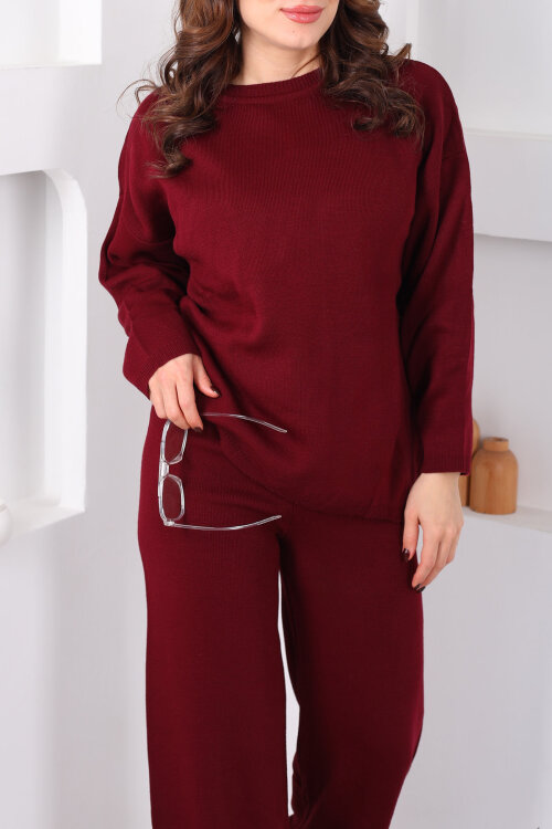 Bisiklet Yaka Salaş Bordo Kadın Triko Takım - Berox (1)