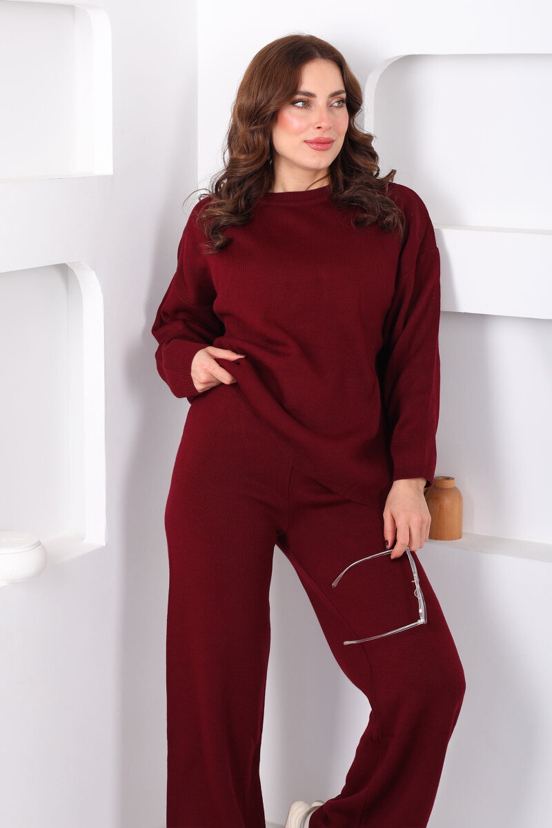 Bisiklet Yaka Salaş Bordo Kadın Triko Takım - 3