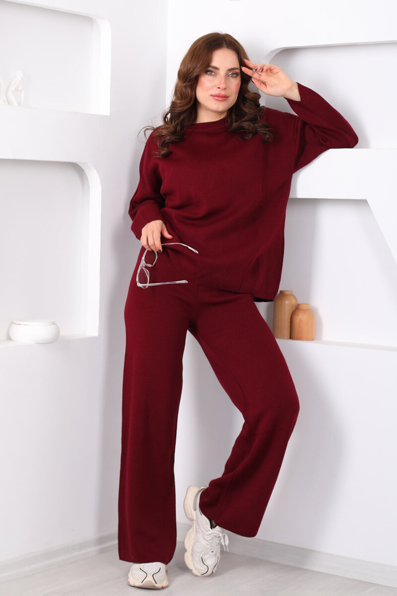 Bisiklet Yaka Salaş Bordo Kadın Triko Takım - 1