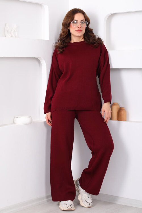 Bisiklet Yaka Salaş Bordo Kadın Triko Takım - 4