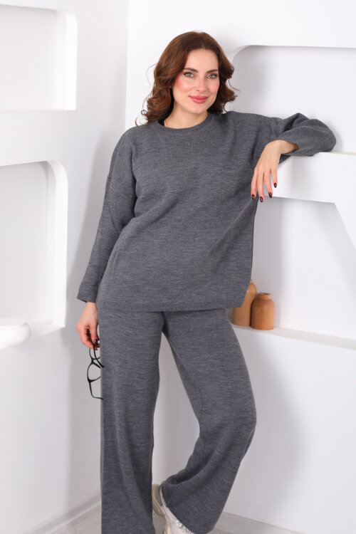 Bisiklet Yaka Salaş Füme Kadın Triko Takım - Berox