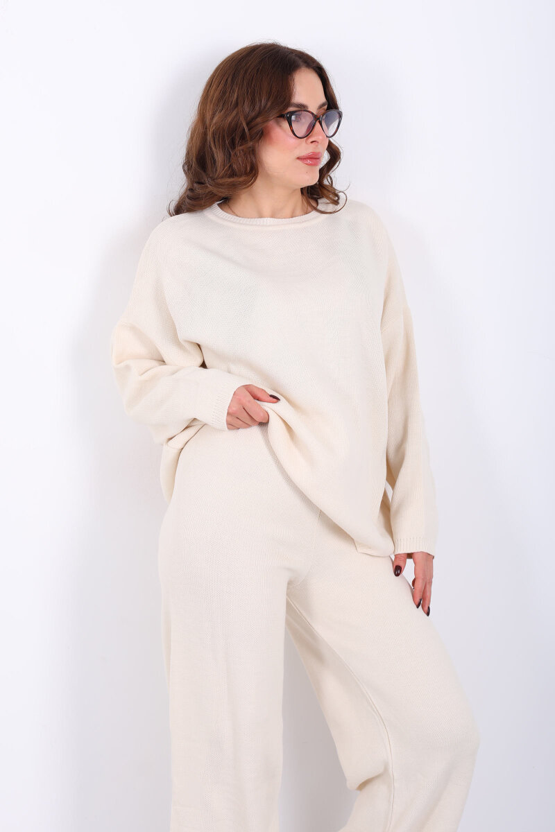 Bisiklet Yaka Salaş Krem Kadın Triko Takım - 1