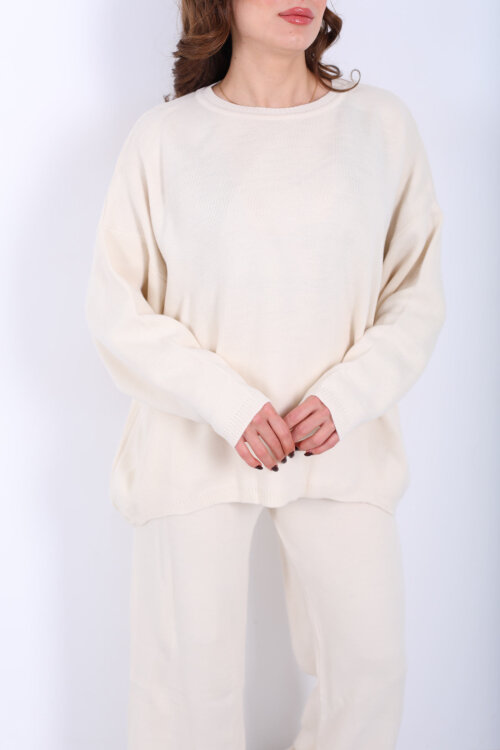 Bisiklet Yaka Salaş Krem Kadın Triko Takım - Berox (1)