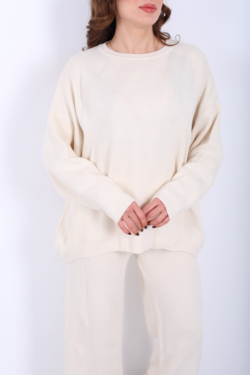 Bisiklet Yaka Salaş Krem Kadın Triko Takım - 2