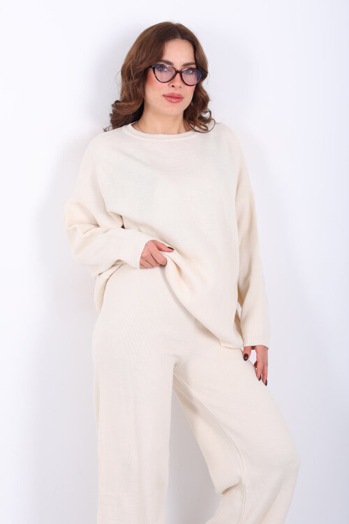 Bisiklet Yaka Salaş Krem Kadın Triko Takım - 4