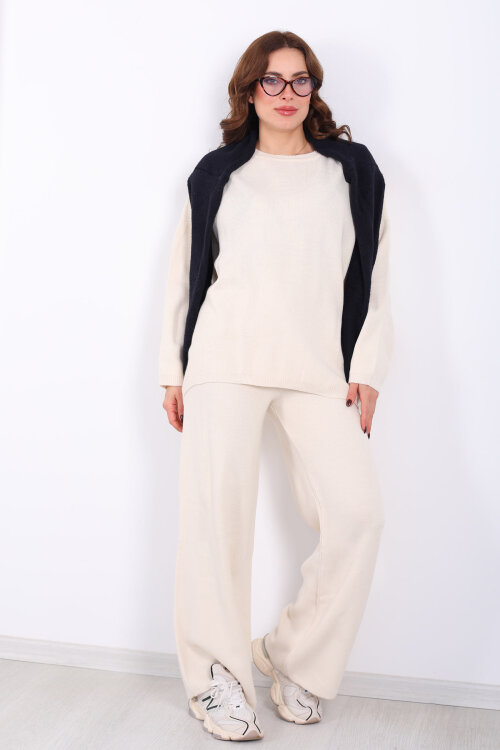 Bisiklet Yaka Salaş Krem Kadın Triko Takım - 3